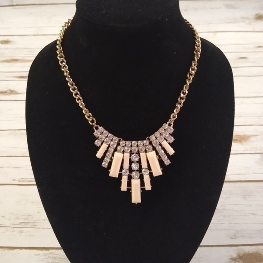 Clear Rhinestones and Peach Faux Gold Chain Statement Necklace